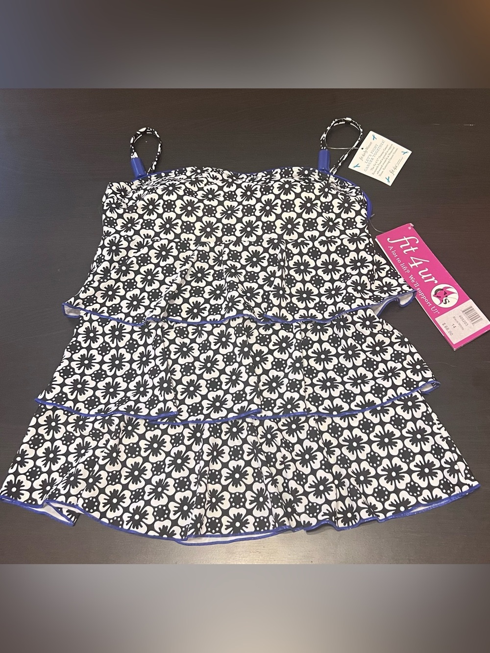 NWT Fit 4 U Ruffle Tiered Swim Tankini Top in Black White and Royal Blue Size 14